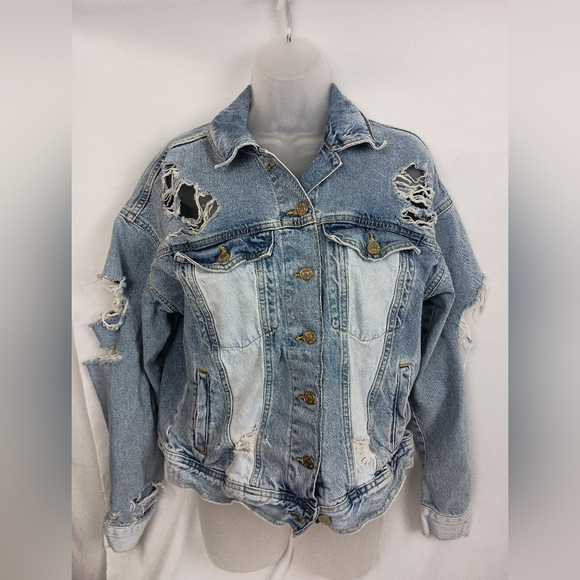 FOREVER 21 Distressed Thrash Grunge Patchwork Denim Relaxed Jacket (#1,376)(C) - Picture 1 of 10